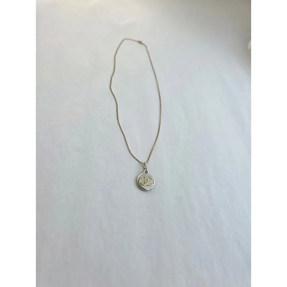Chanel CC Logo Two Tone Pendant Necklace Gold Filled 1/20 12KT Chain